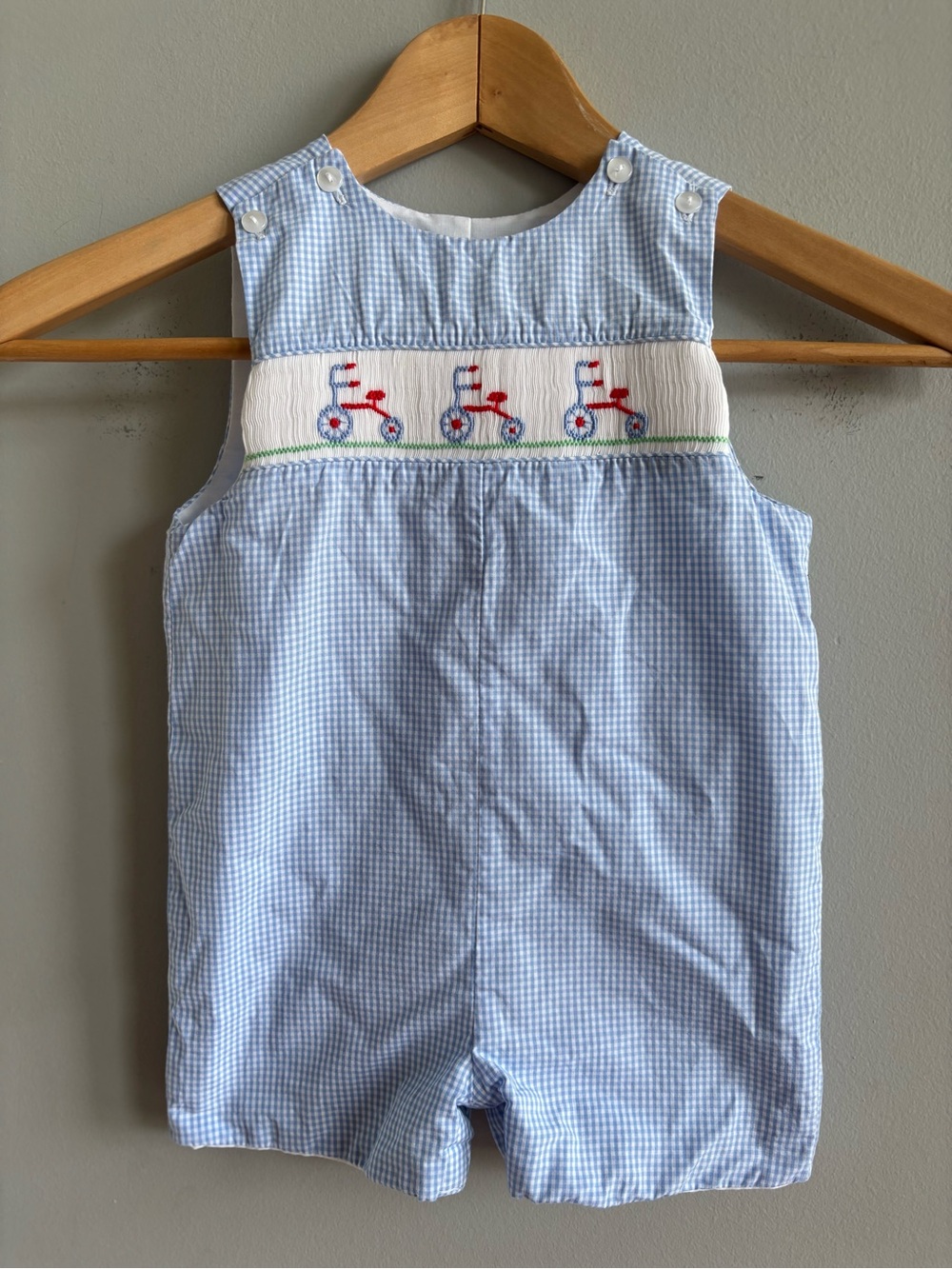 Anavini Blue Gingham Smocked Tricycle Baby Romper Jon Jon 18 months